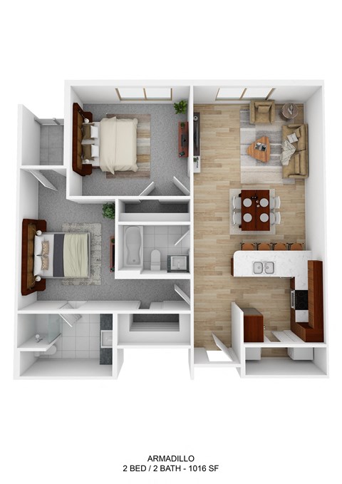 Floor plan for 2 beds, 2 baths, 1016 sqft